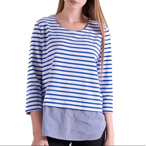 ANTHROPOLOGIE Lilis Closet white blue striped mock layer top size XS like new - Picture 1 of 7